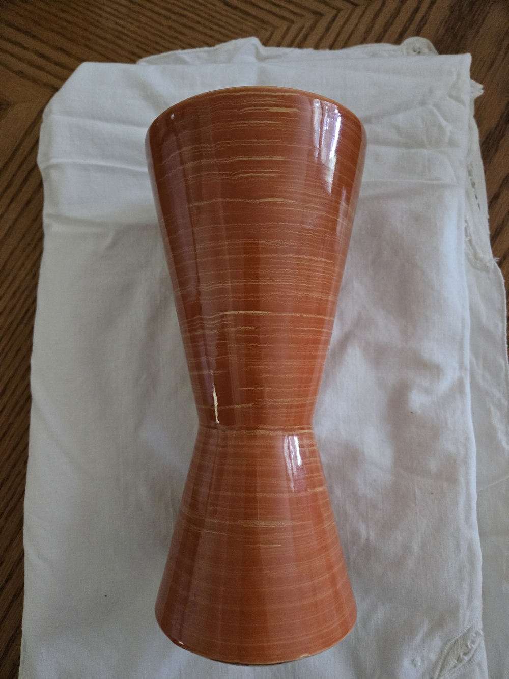 Mccoy Striated Orange Hourglass Ceramic Vase